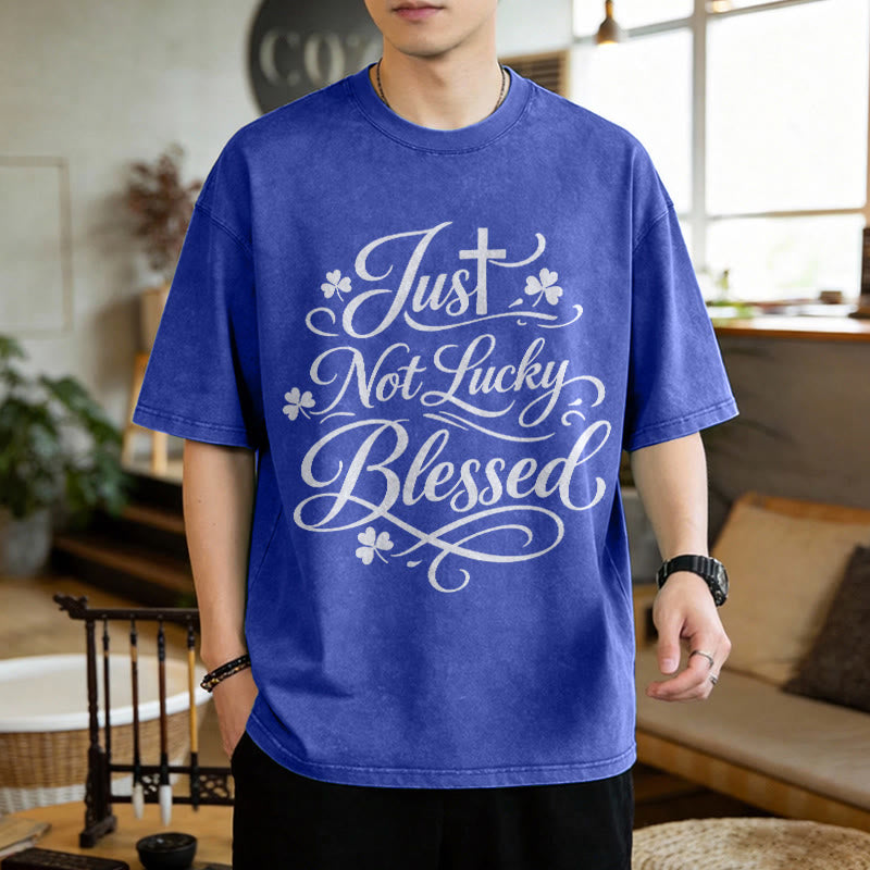 Christianartworkshop Just Not Lucky, Blessed Cross & Shamrock Unisex Washed T-Shirt