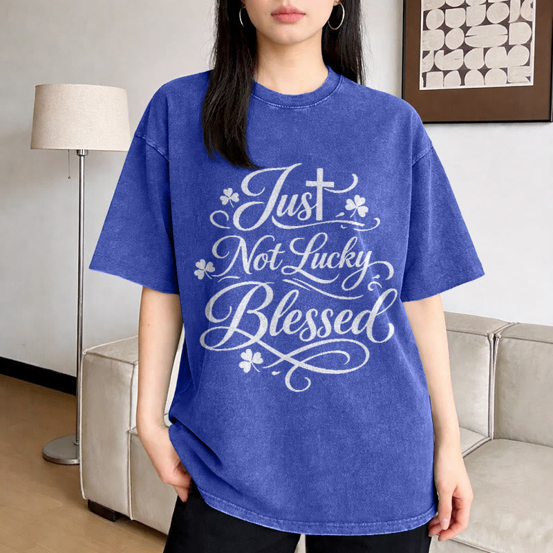 Christianartworkshop Just Not Lucky, Blessed Cross & Shamrock Unisex Washed T-Shirt