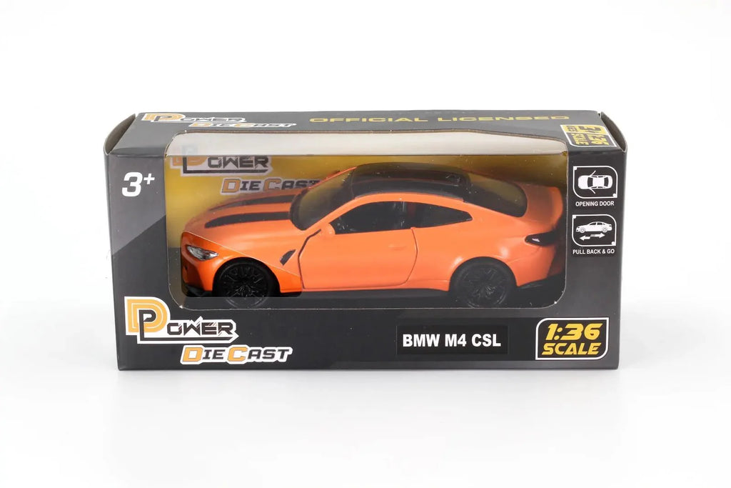 D-Power 1:36 Diecast BMW M4 CSL 2023 – Matte Orange, Pull Back, Collectible Sports Car Model