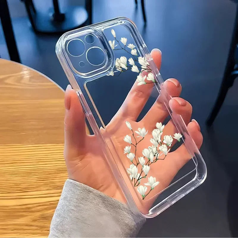 Bright Flower Art Transparent Phone Case for iPhone 16 15 Pro Max 11 12 13 Mini 14 Pro XS MAX XR 7 8 Plus Shockproof Cover